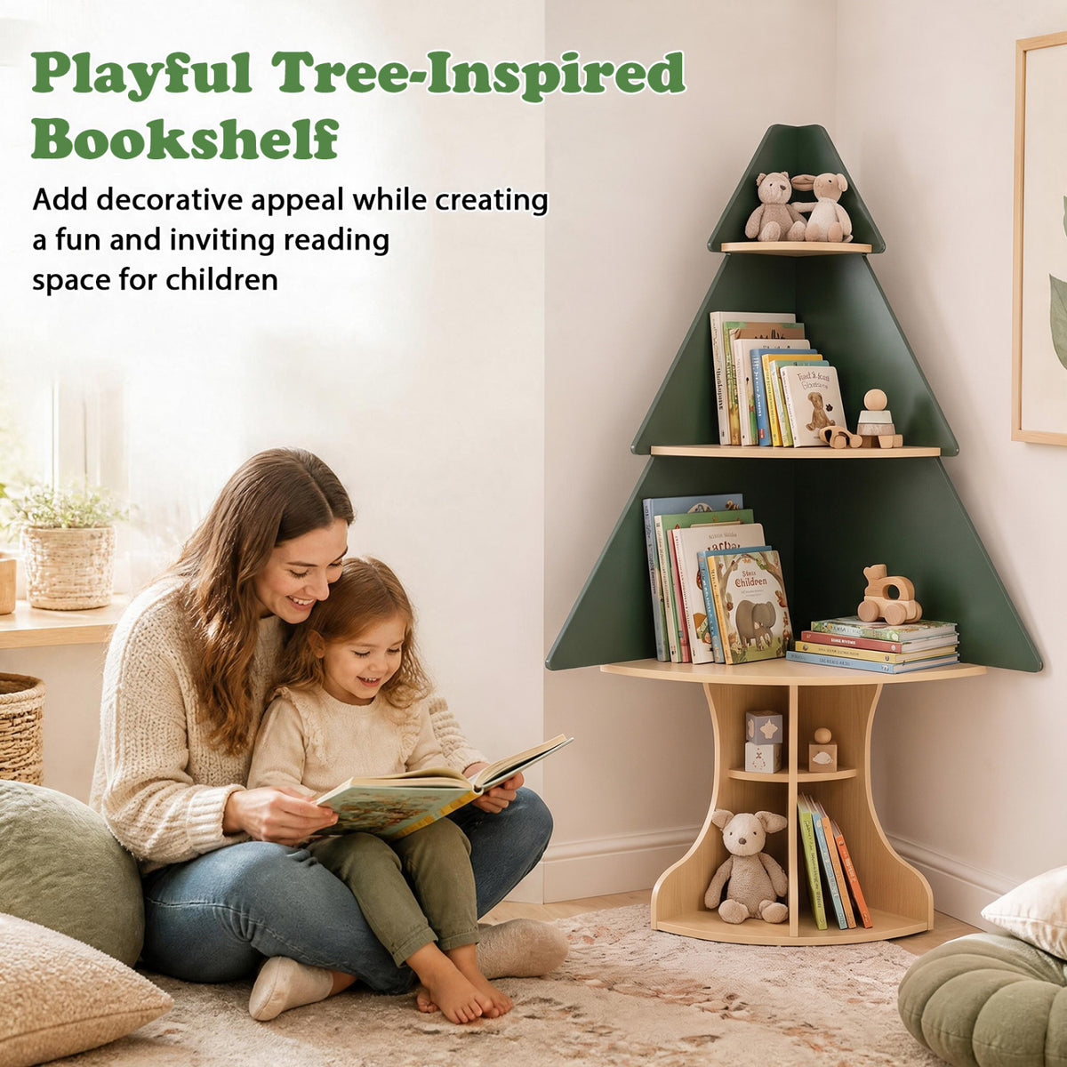 Wooden Montessori Corner Tree Bookshelf with Toy Storage, Green