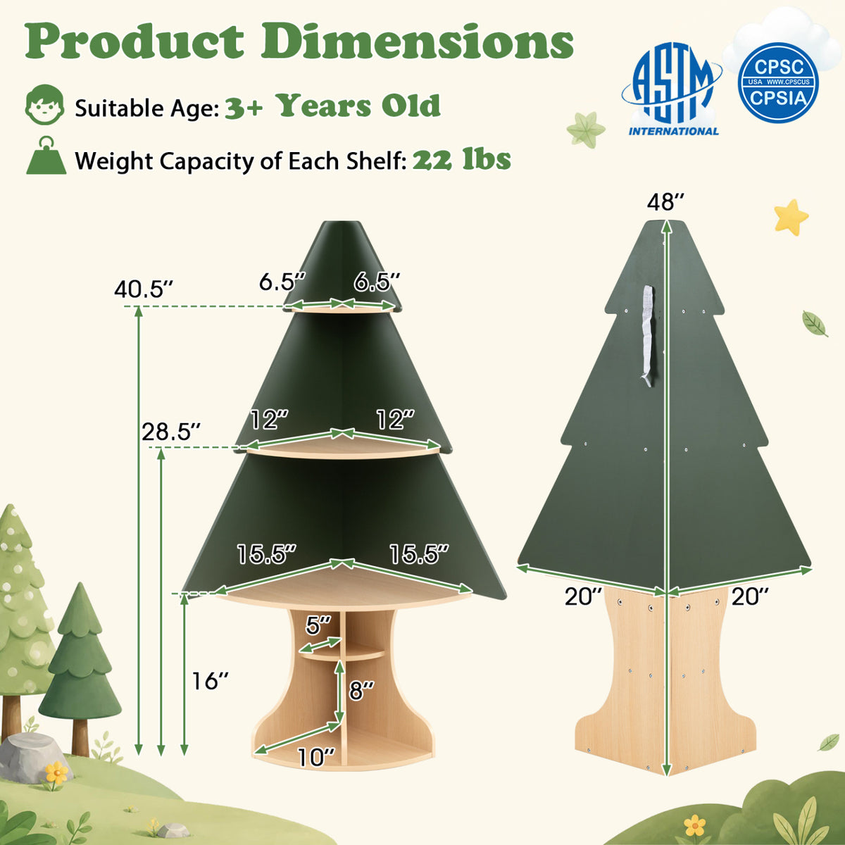 Wooden Montessori Corner Tree Bookshelf with Toy Storage, Green