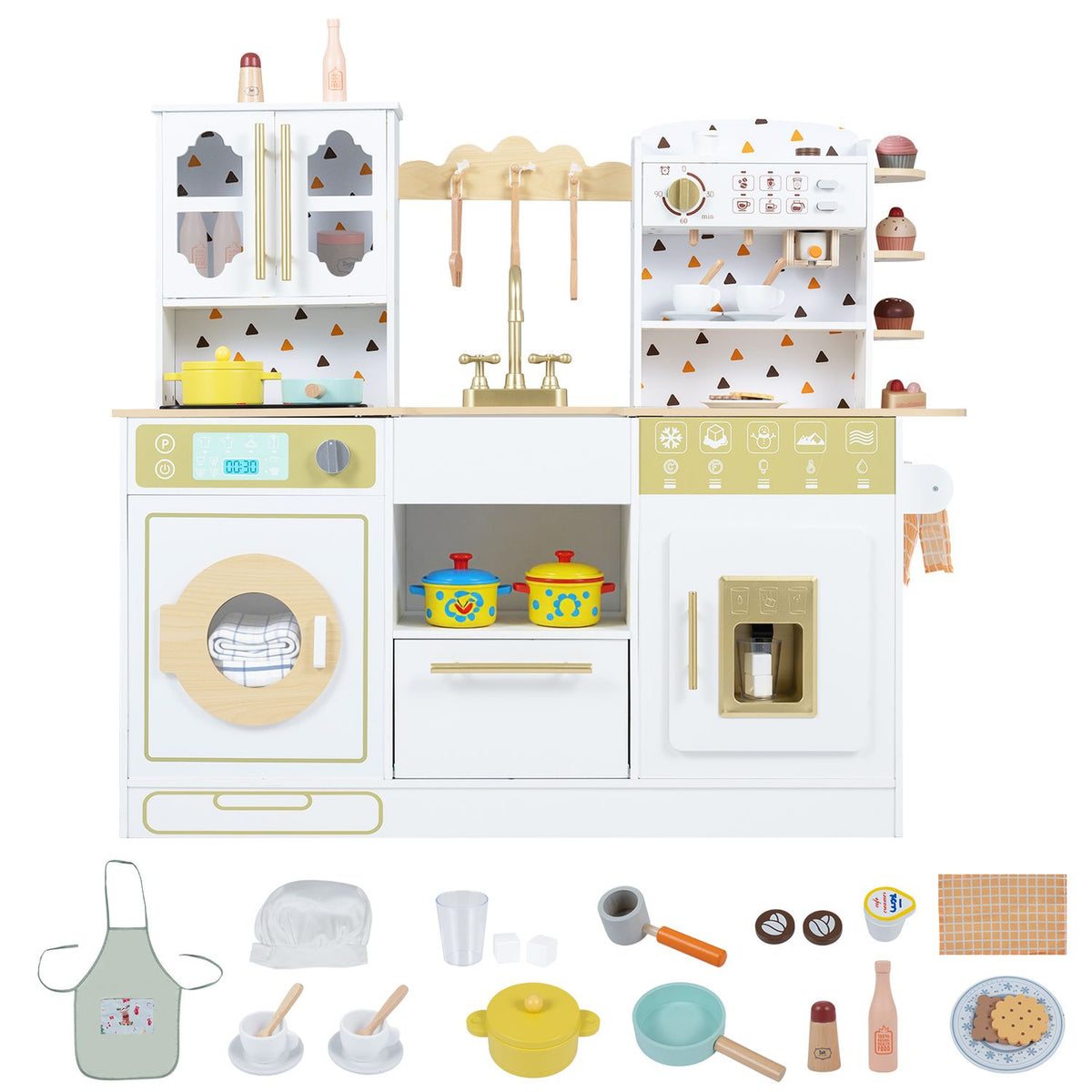 The toy kitchen is shown with its play accessories arranged below, including pots, cups, utensils, and an apron.