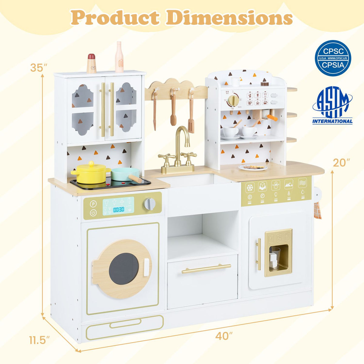 White play kitchen shown with cabinets, sink, stove, washing machine and coffee maker.