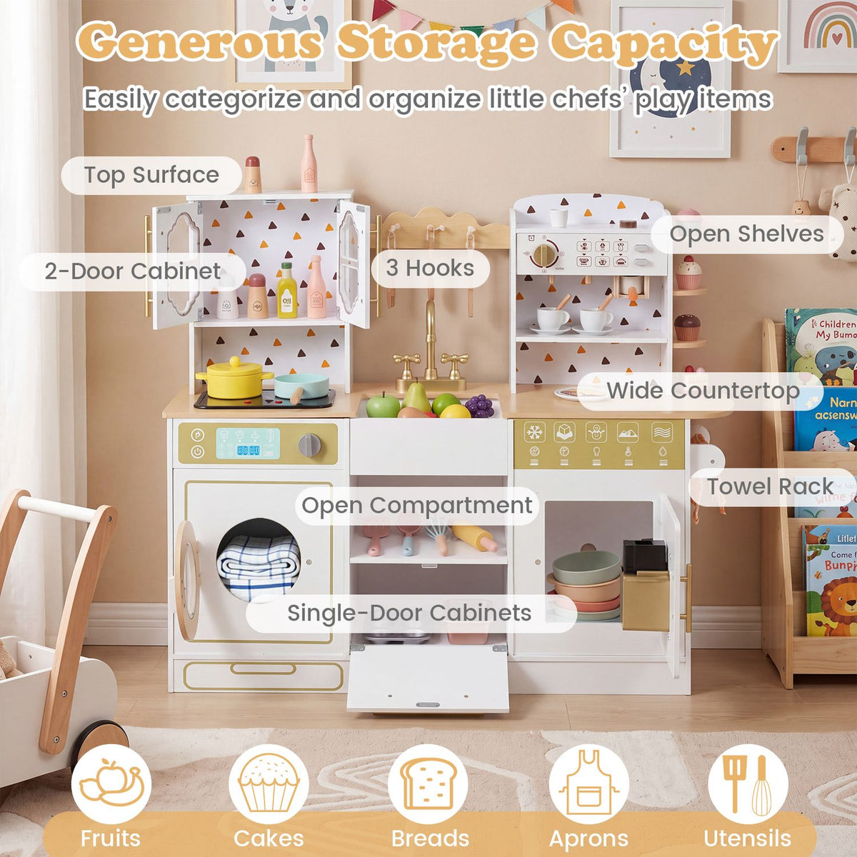 Play kitchen shown with open shelves, cabinets, hooks, countertop, center compartment and a hanging towel.