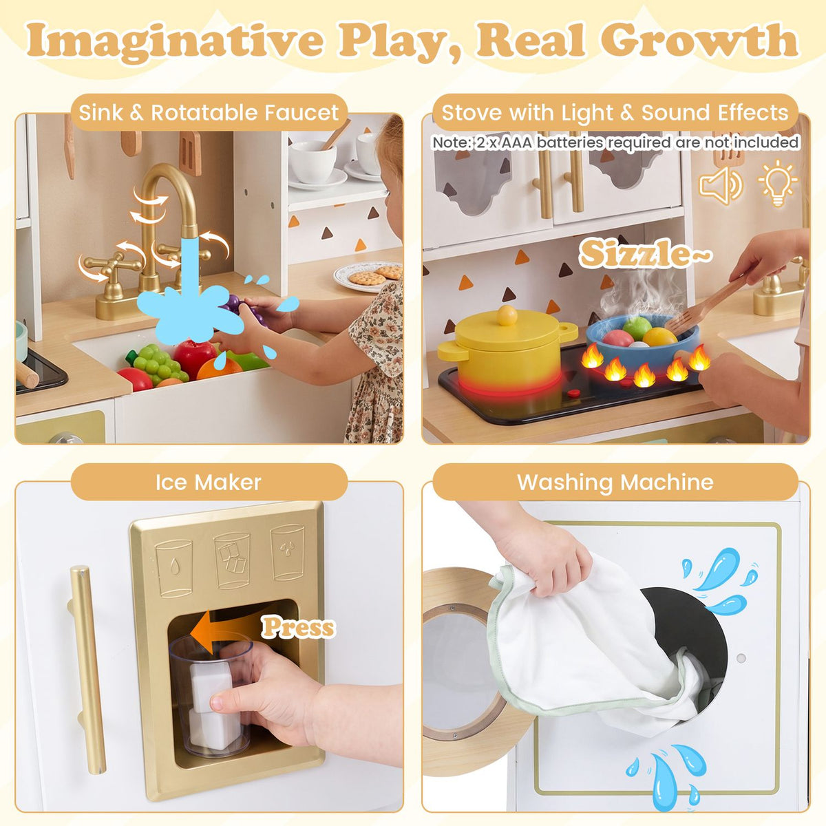 Four close-ups show the faucet, glowing stove, drink dispenser and a hand loading the washing machine.