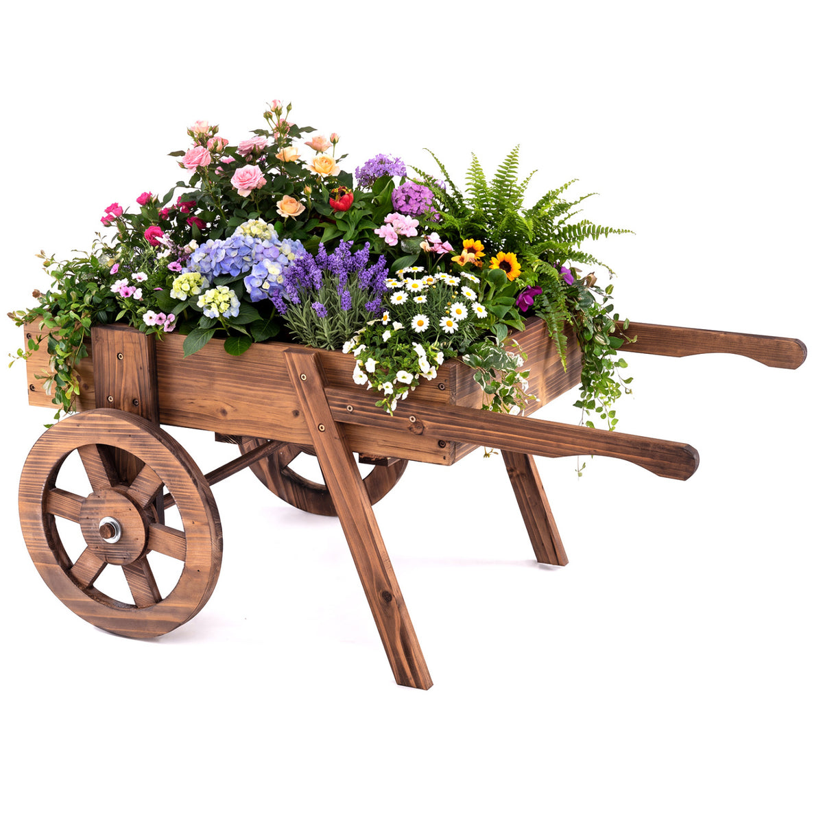 Wooden wagon planter overflowing with flowers, shown from the side on white