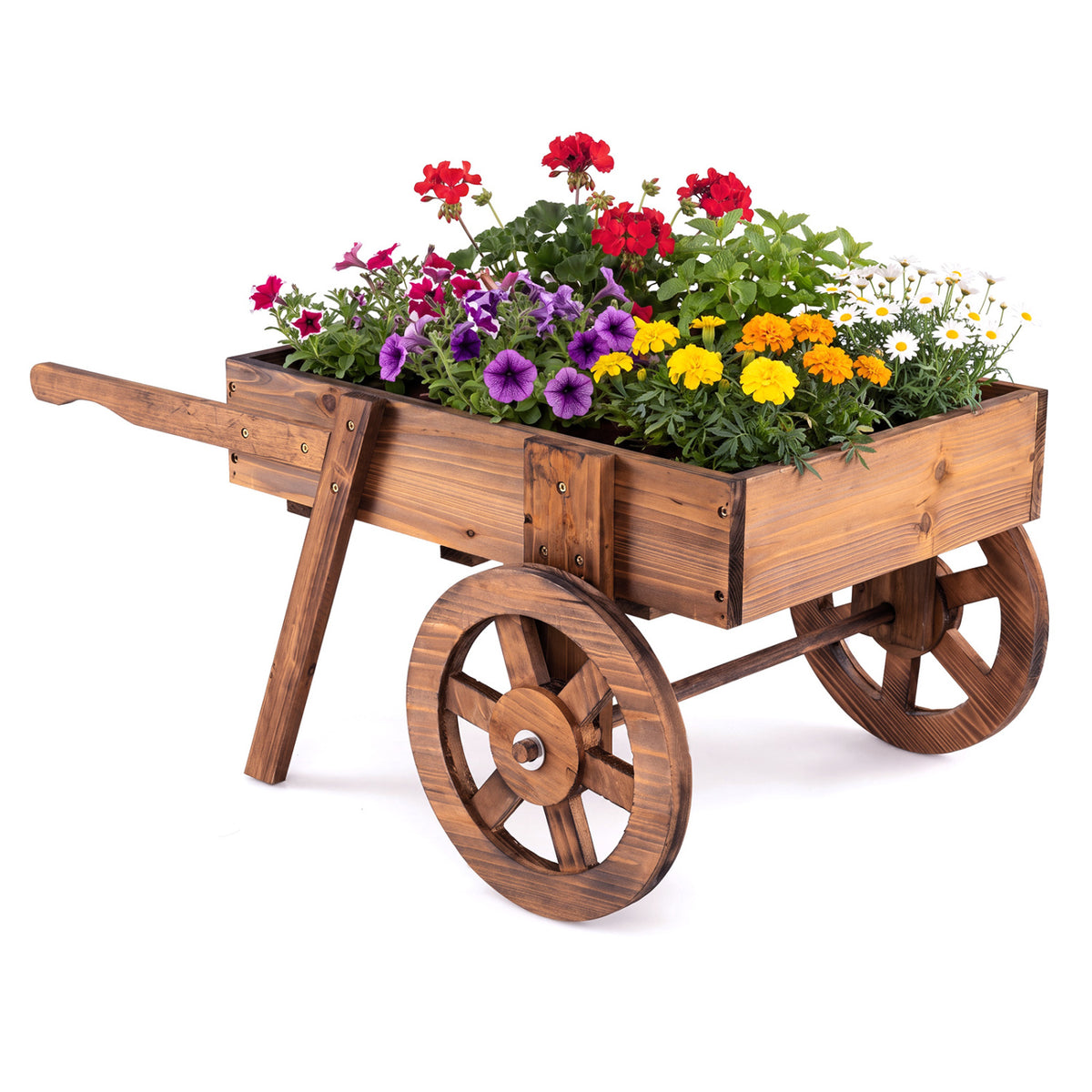 Rustic brown wooden wagon planter filled with colorful flowers on white