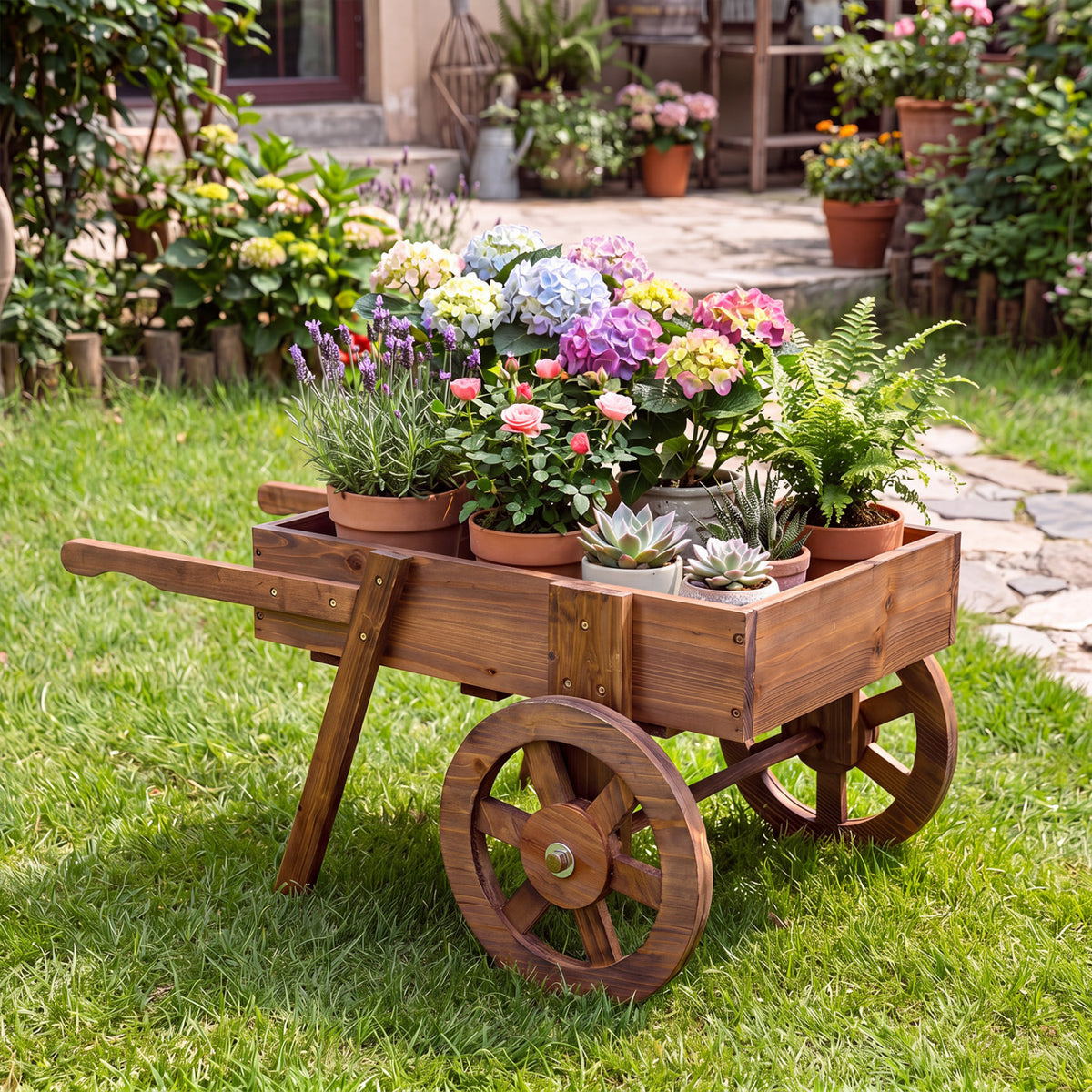Rustic brown wagon planter filled with flowers on a garden lawn