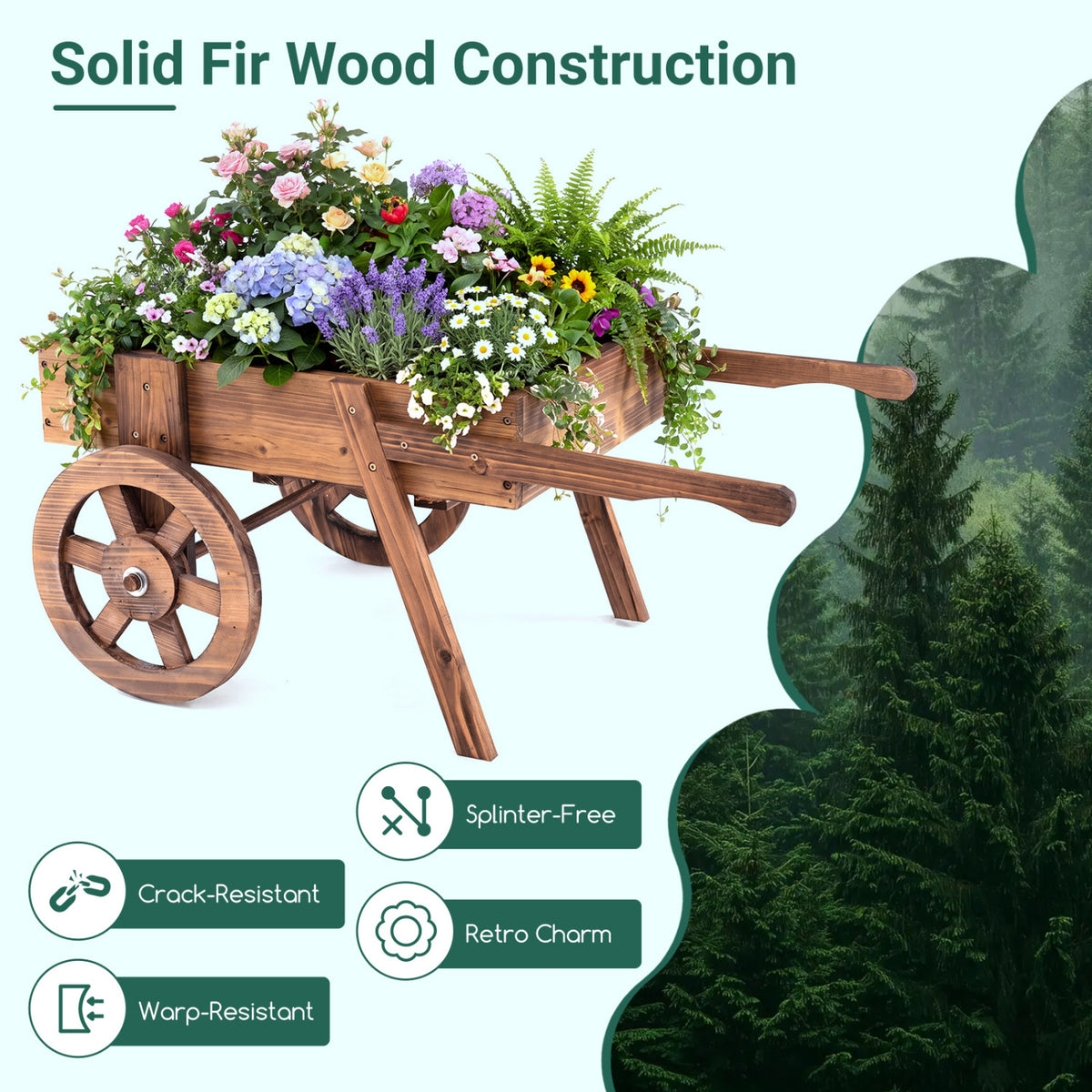 Wooden wagon planter filled with colorful flowers, shown with spoked wheels and angled support legs.