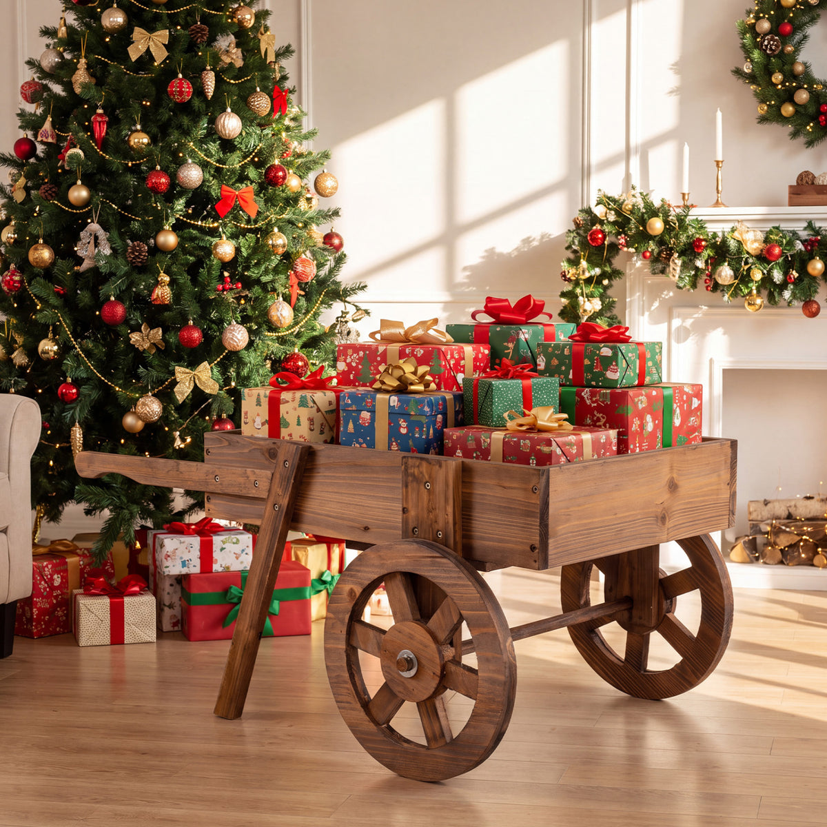 Rustic brown wagon planter holding wrapped gifts beside a decorated Christmas tree