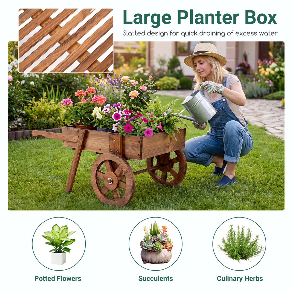 A woman waters flowers in a wooden wagon planter on grass; an inset shows its slatted base.