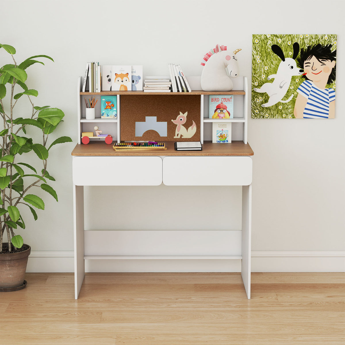 White writing desk with upper cubbies and corkboard shown against a pale wall.