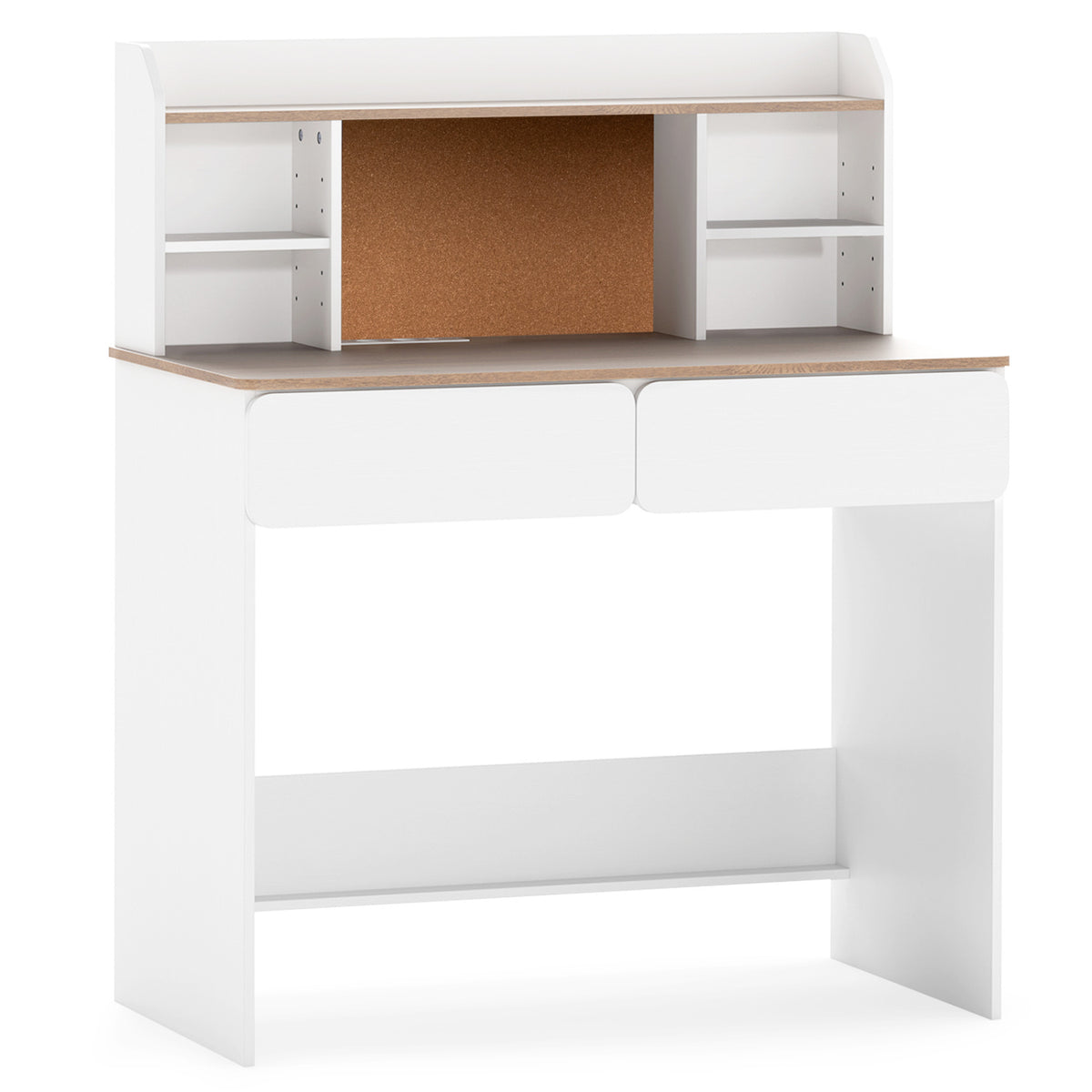 Unstyled white desk with a corkboard panel, side shelves, two drawers, and a lower support rail.