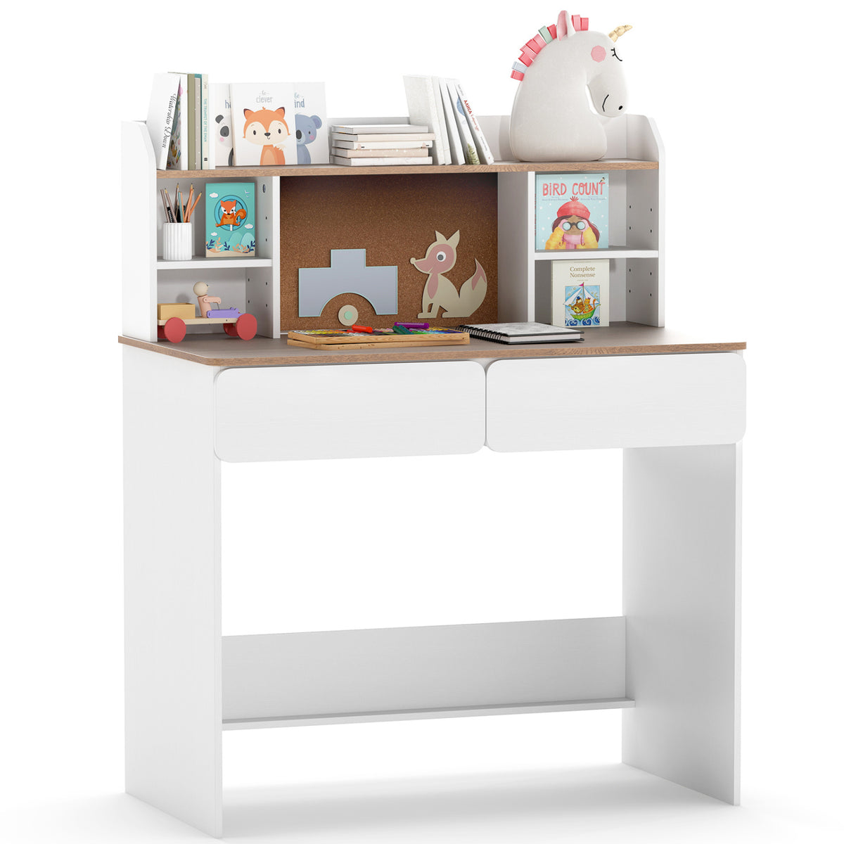 White desk with books and art supplies arranged on its upper shelves and work surface.