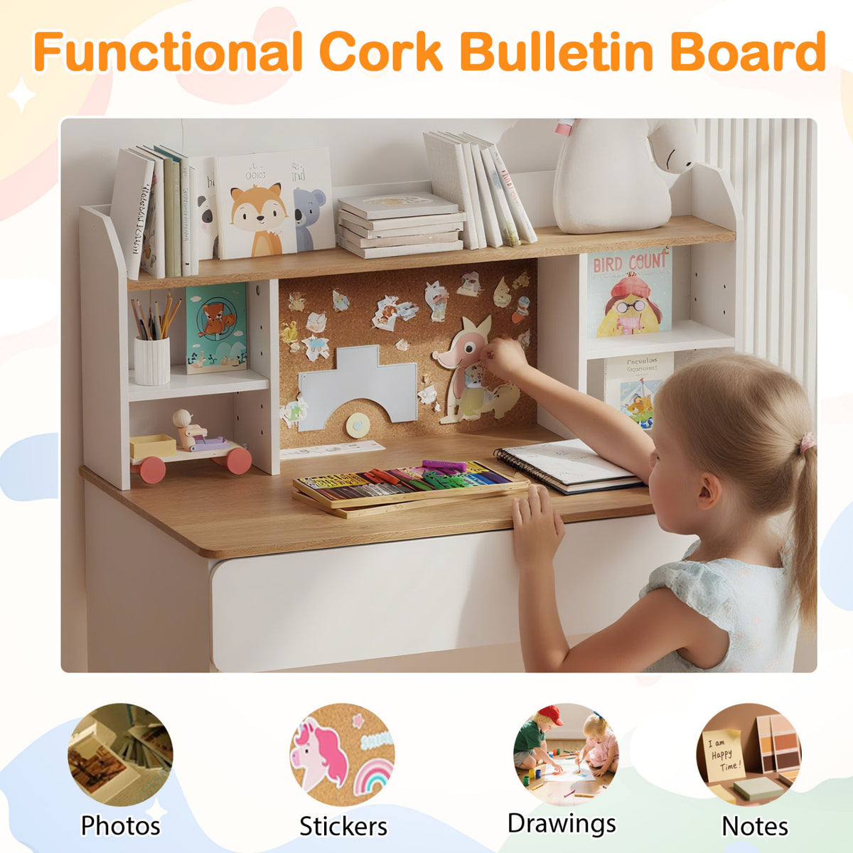 A child reaches toward drawings on the cork board above a desk, with books and art supplies arranged around it.