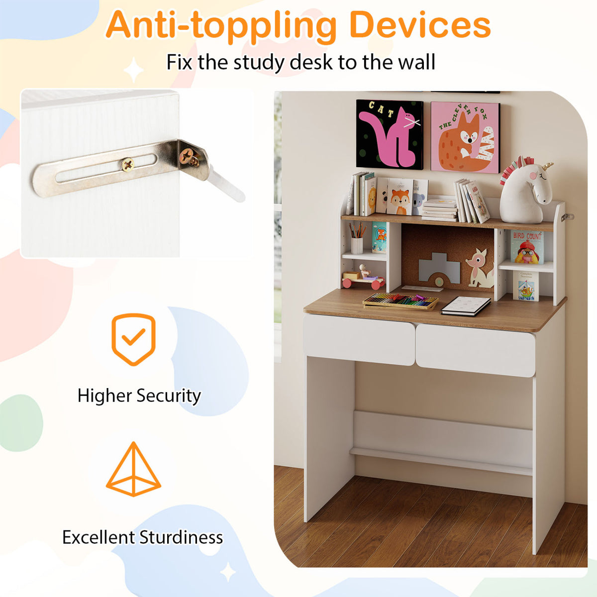 A wall anchor is shown beside a white desk set against a wall, with shelves and two drawers.