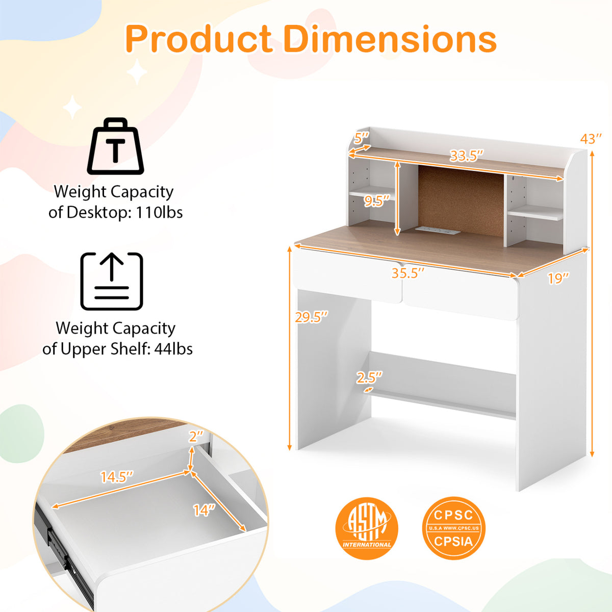 Illustrated white desk with measurements and a close-up of its desktop corner.