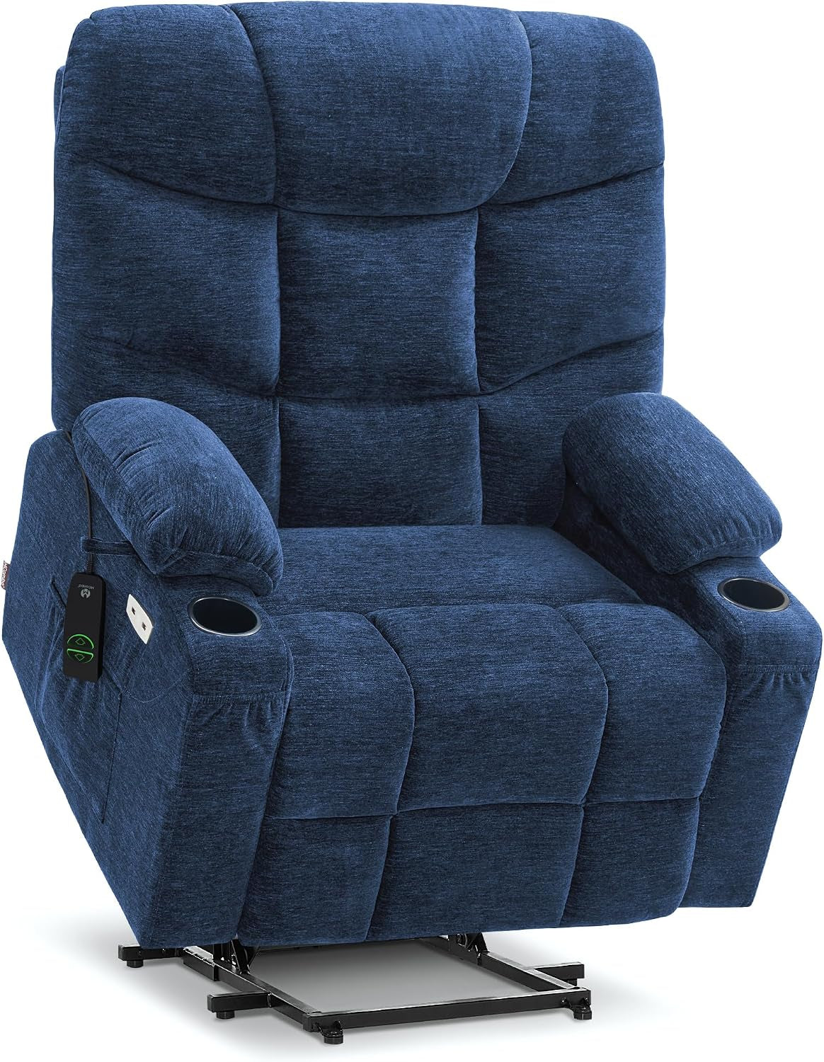 Upright deep-blue recliner shown head-on with high segmented back and plush seat cushions on a white background.