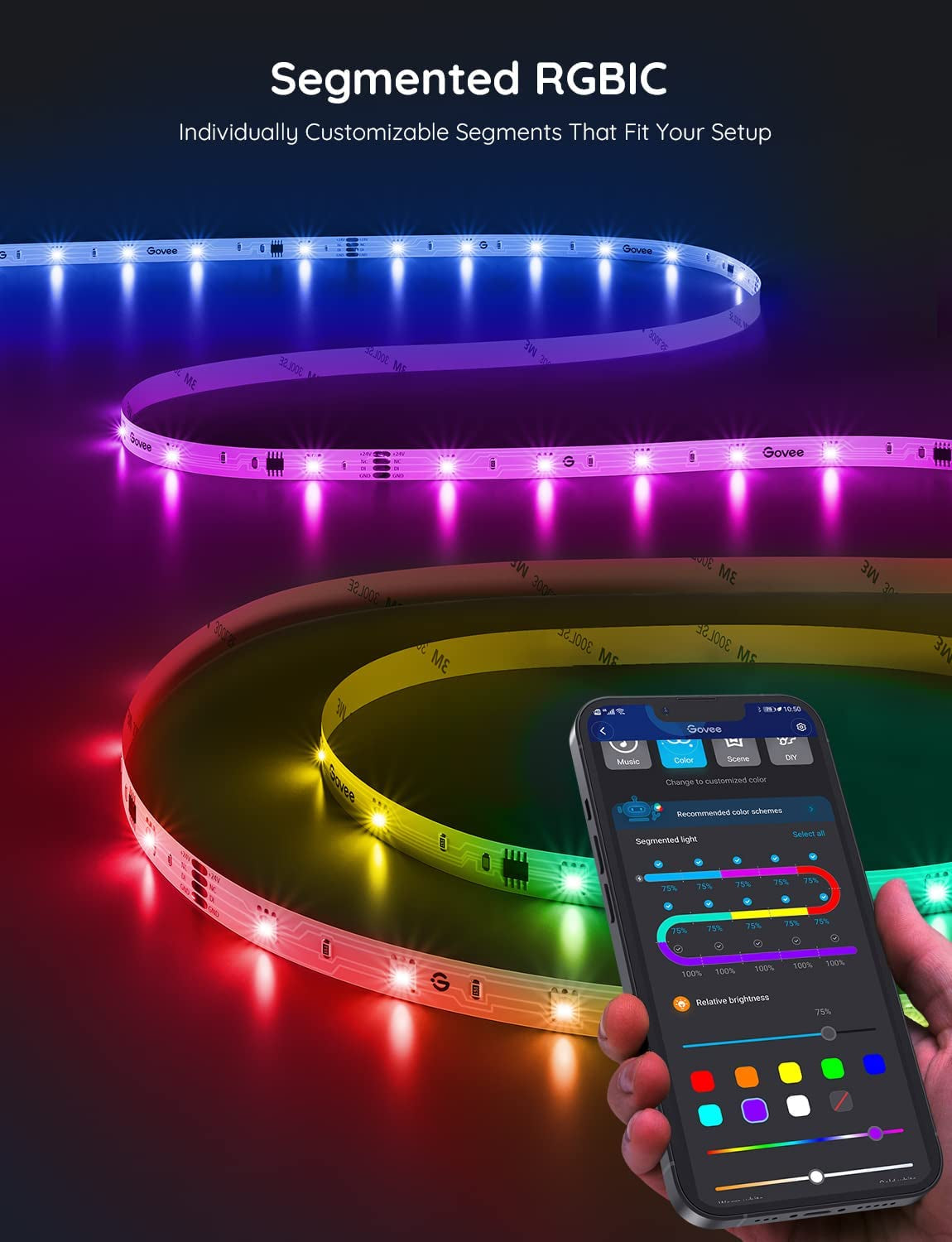 Close-up of lit LED strip in purple, yellow and green with smartphone app interface visible in foreground