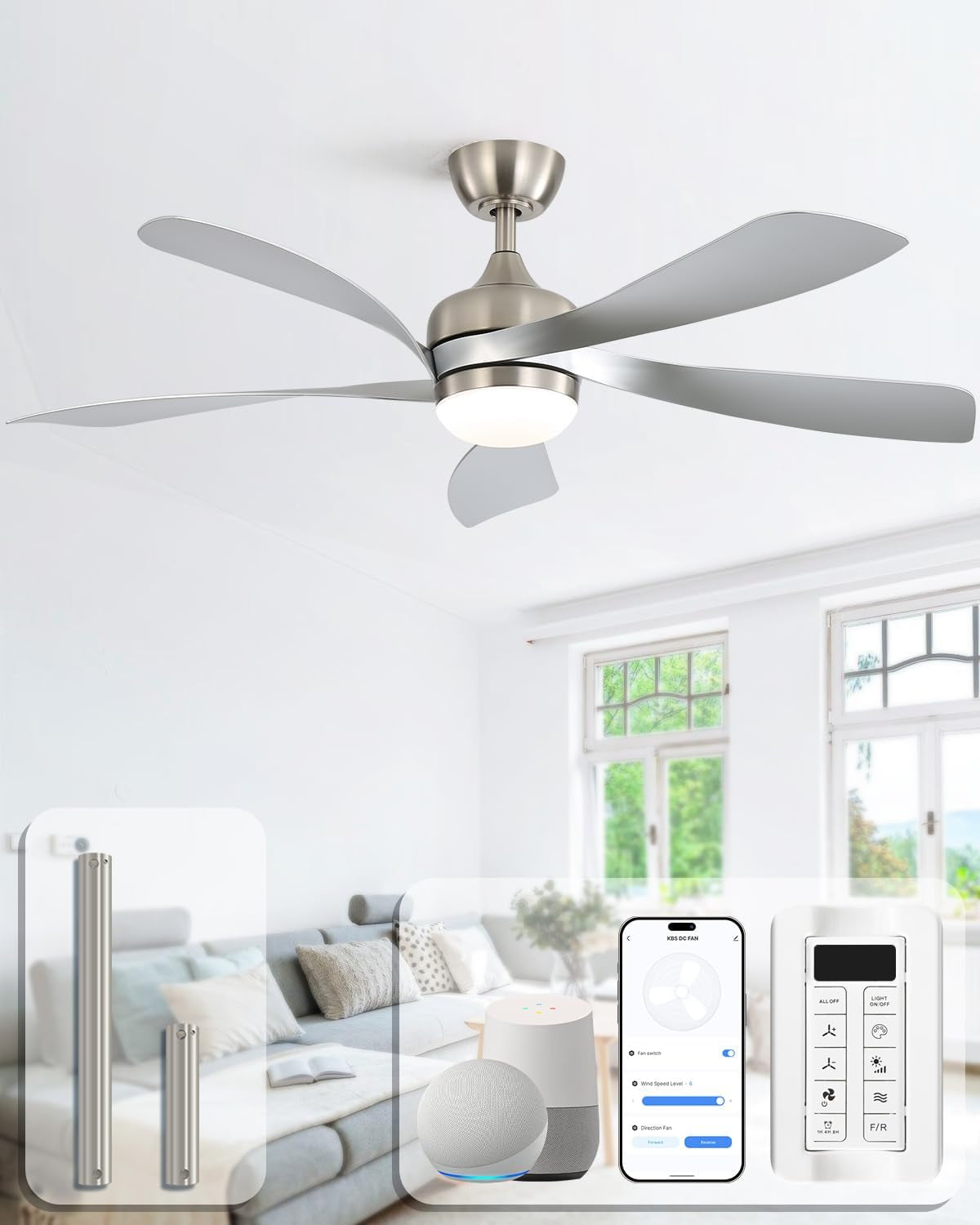 Brushed nickel five-blade ceiling fan with lit diffuser in a bright living room, extents and smart controls shown below