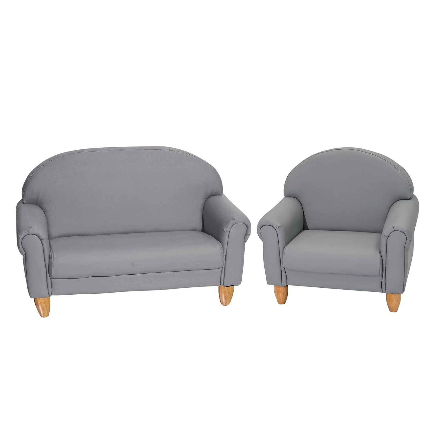 Two-piece kids sofa and matching armchair in light gray with natural wood legs
