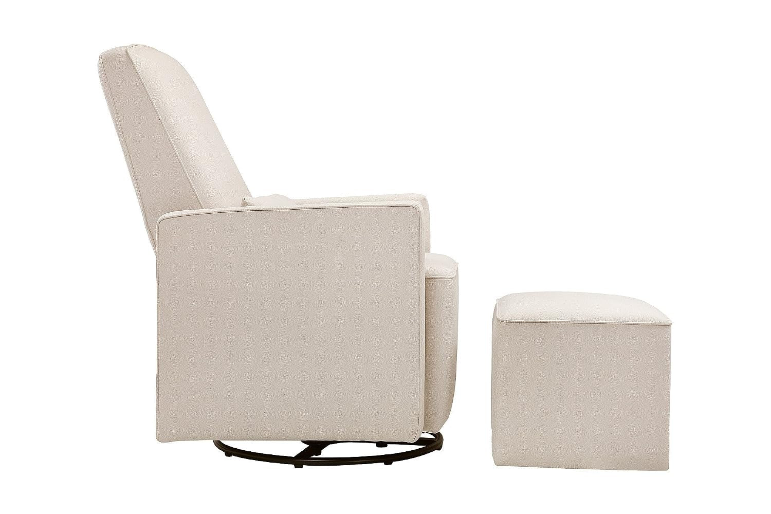 Side view of cream glider chair and ottoman showing tall back and round swivel base