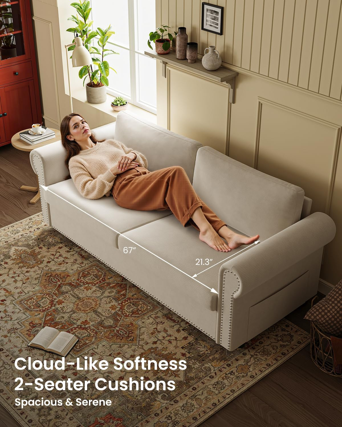 Overhead view of beige two-seater sofa showing cushion depth, curved armrest and casual setting