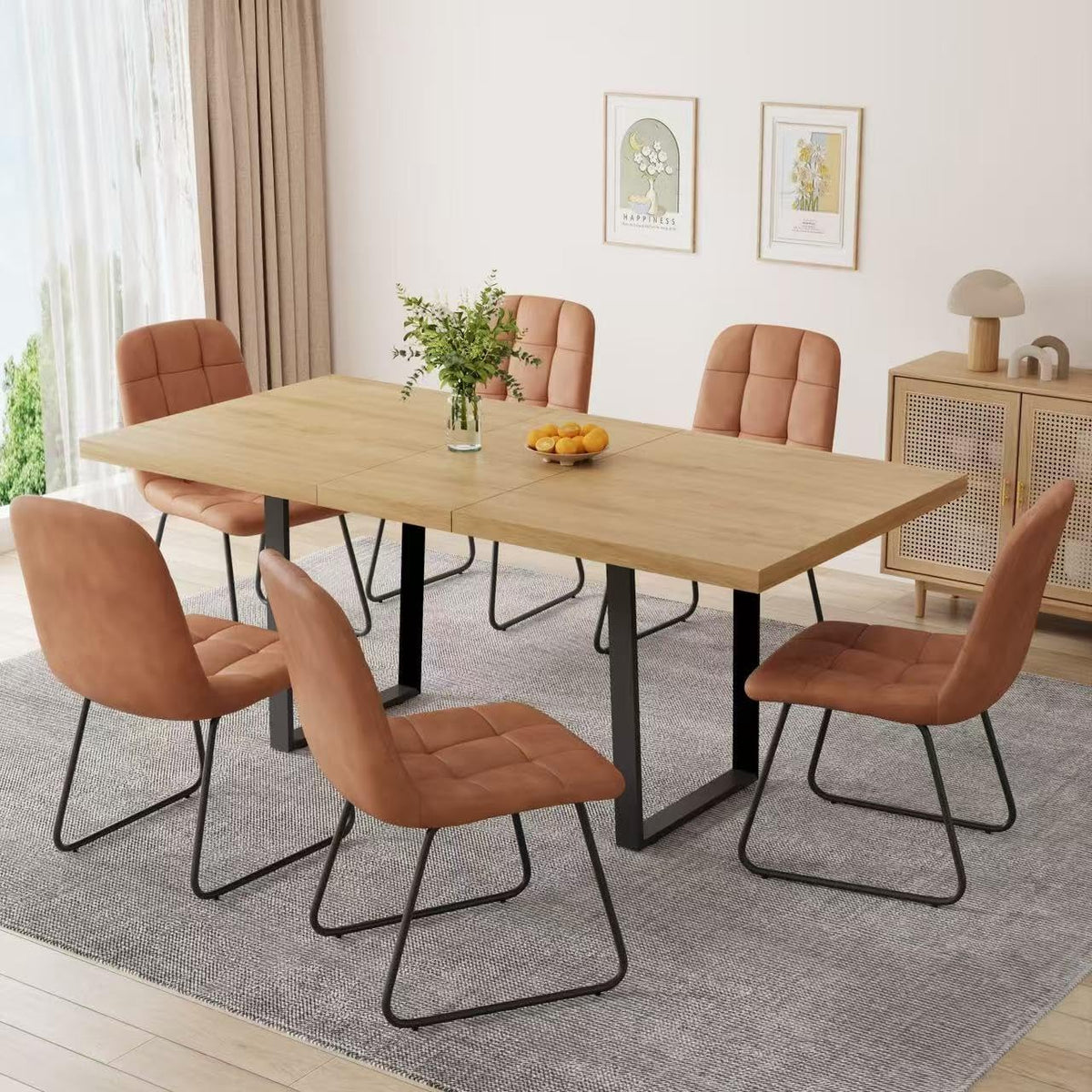 Rectangular light-wood dining table with six rust-colored PU chairs on a gray rug in a bright dining room.