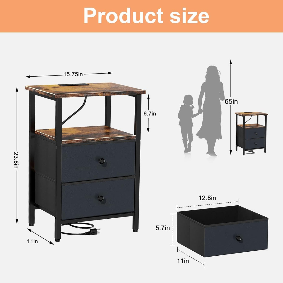 Illustrated diagram of the nightstand with arrows showing height and tabletop width and a separate drawer box with