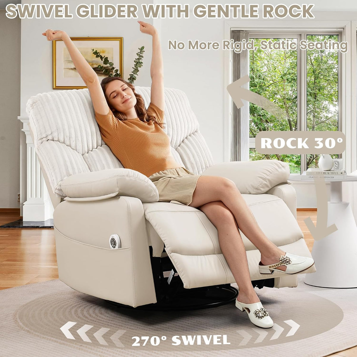 Woman relaxing on ivory swivel rocker recliner with footrest out and graphics indicating 270° swivel and 30° rocking