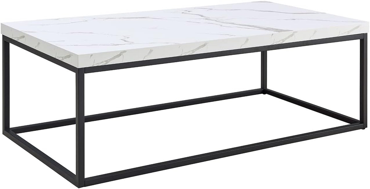 Isolated studio view of the rectangular white marble-look tabletop resting on a black rectangular metal frame, white