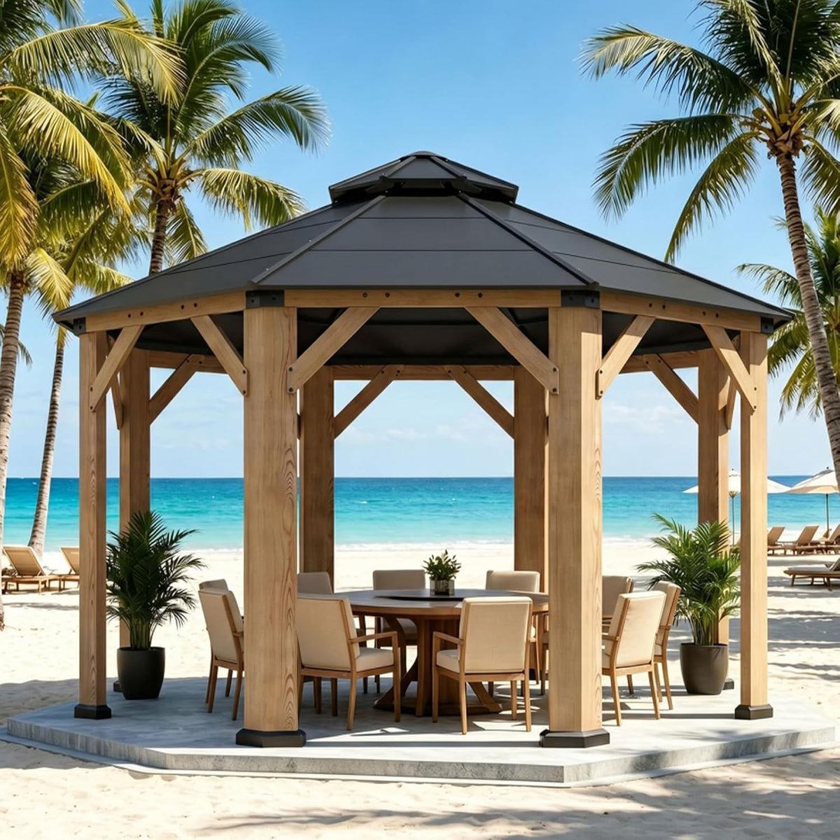 Cedar octagonal hardtop gazebo with black double roof on a sandy beach, front view
