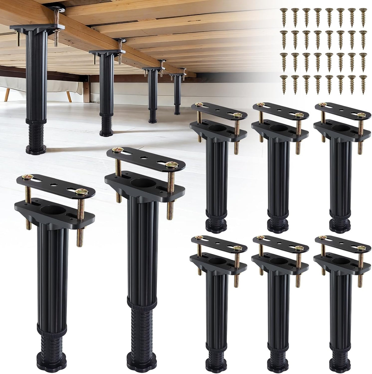 Several black adjustable support legs with mounting plates displayed in front and installed beneath a wooden bed frame