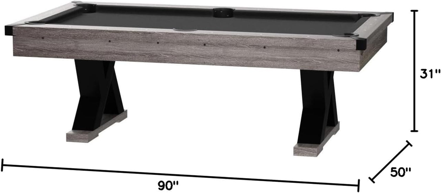 Side view of the pool table shown with dimension arrows along its length, width, and height