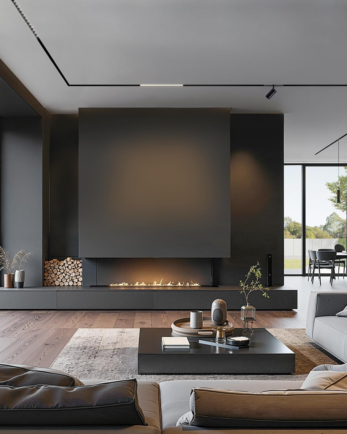 Modern living room with recessed black magnetic track lighting running in a rectangular ceiling groove above a fireplace.