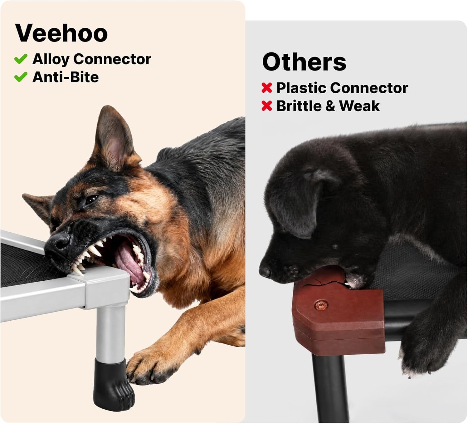 Close-up of a large dog biting an aluminum bed corner beside a puppy biting a cracked plastic connector to show durability