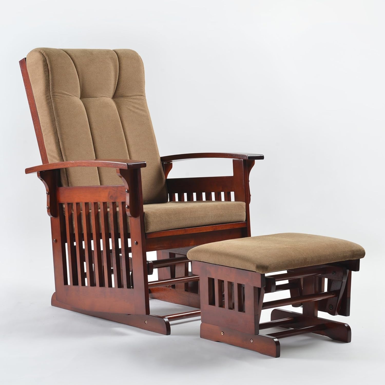 Dark wood mission‑style glider with matching ottoman in brown fabric against a plain background.