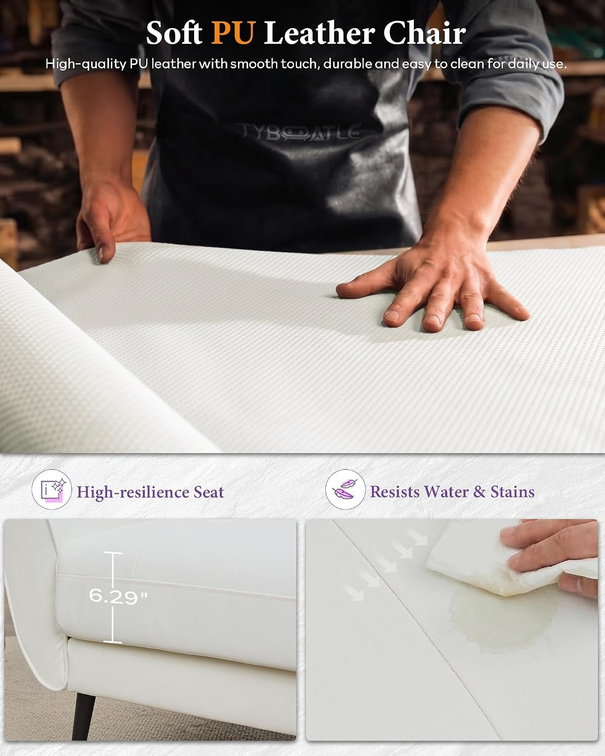 Close-up of hands handling white textured PU faux-leather material with inset showing a cloth wiping a spill