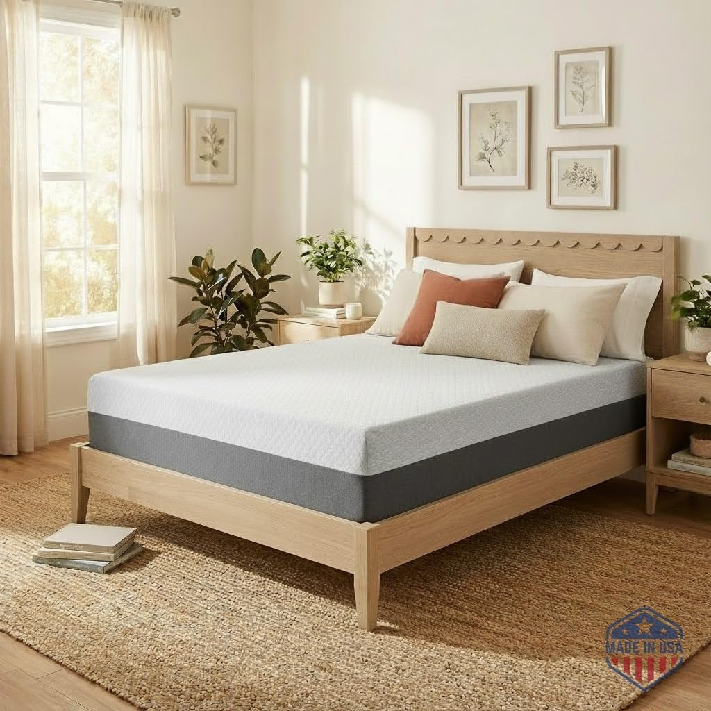 Full-size mattress on a light wood bed with pillows, bedside tables and framed art in a warm, sunlit bedroom.