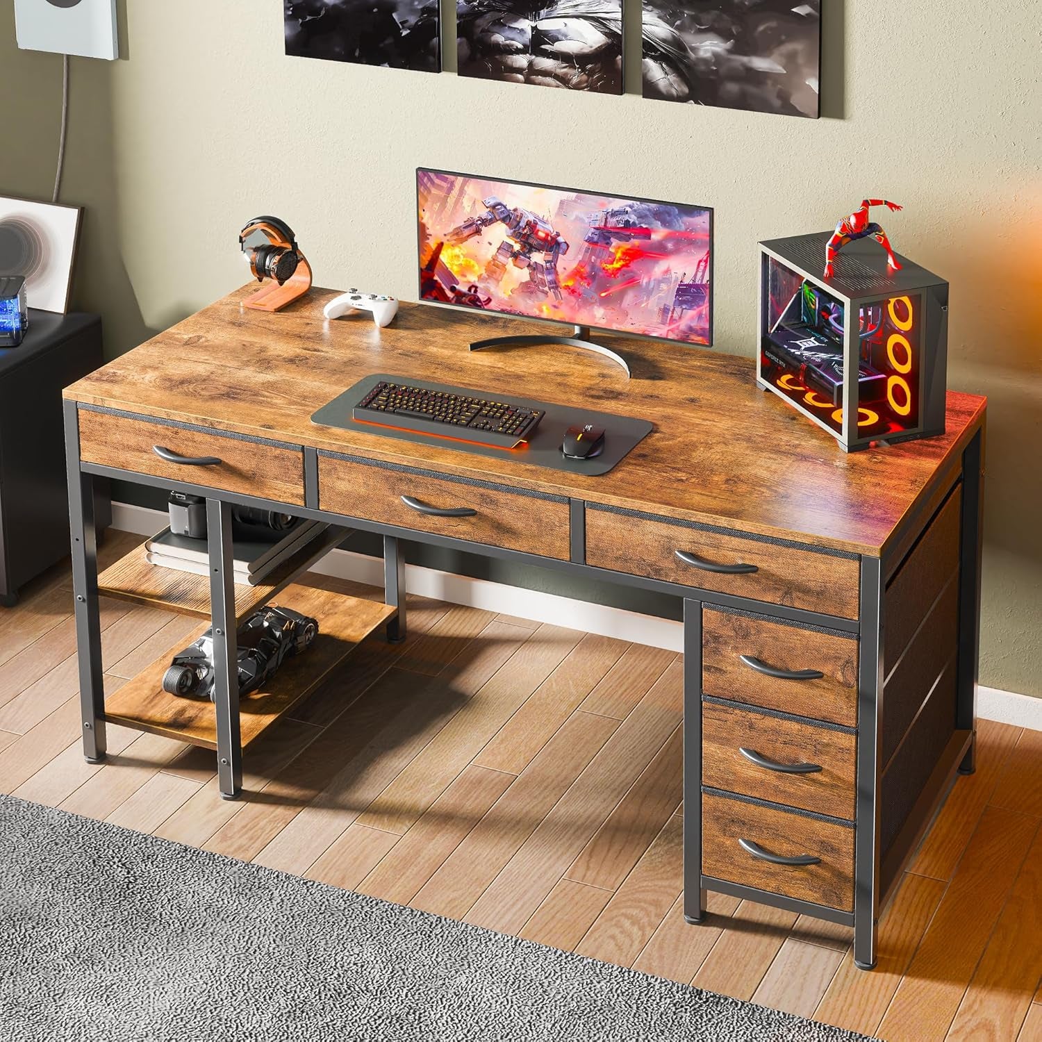Angled lifestyle shot of the rustic brown desk with a gaming monitor and PC on the desktop.