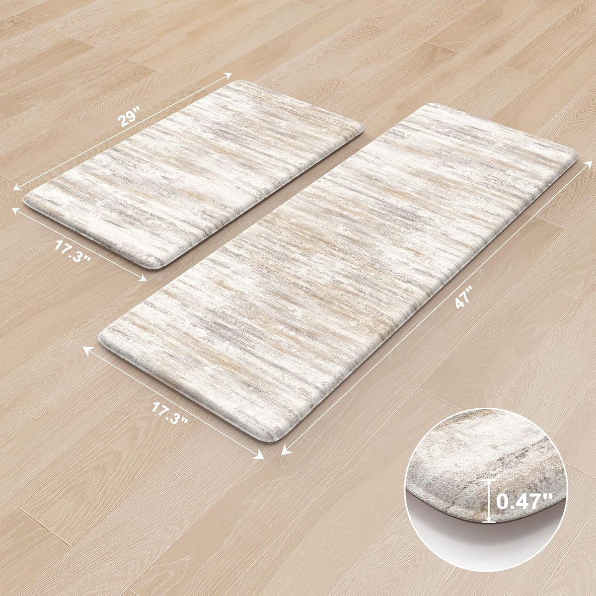 Two rectangular mats shown flat on wood floor with measurement arrows and a thickness close-up