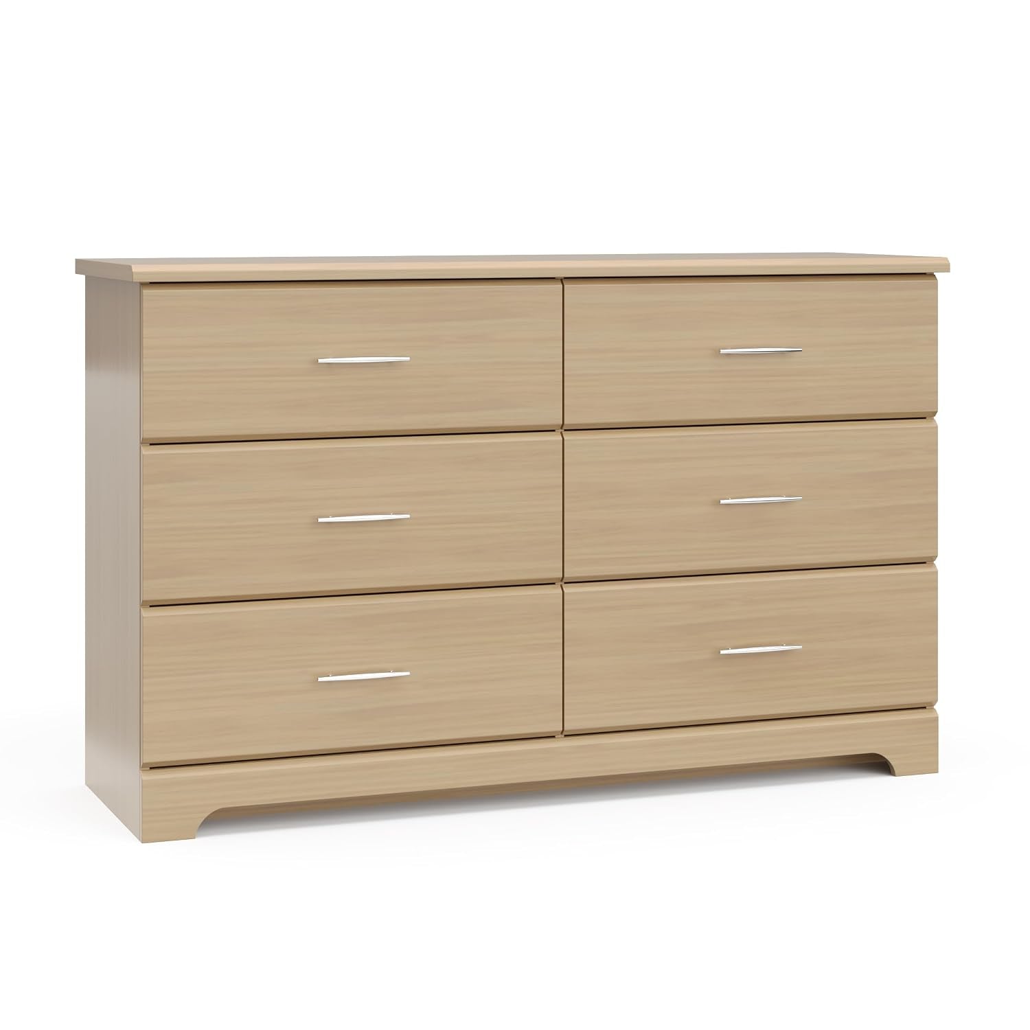 Three-quarter view of a light wood six-drawer dresser with slim metal handles on a plain background