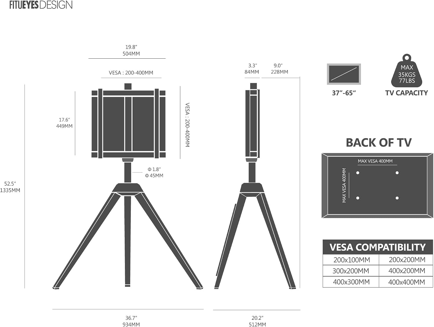 Technical front-and-side schematic of the tripod TV stand showing silhouette and mounting layout.