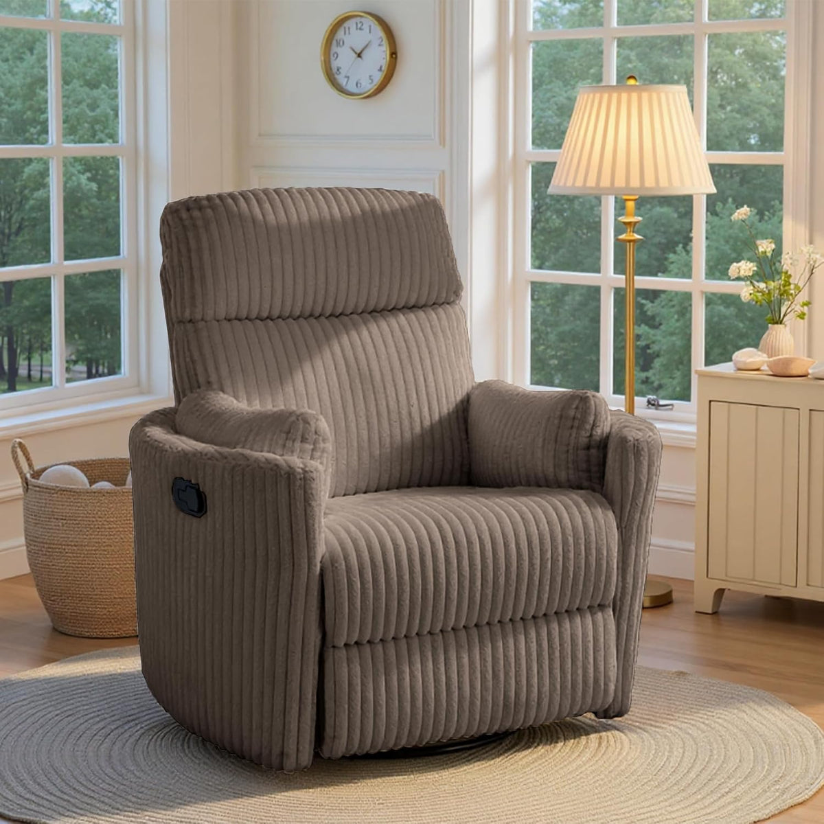 Beige corduroy-style swivel recliner with high back and padded arms in a sunlit room.