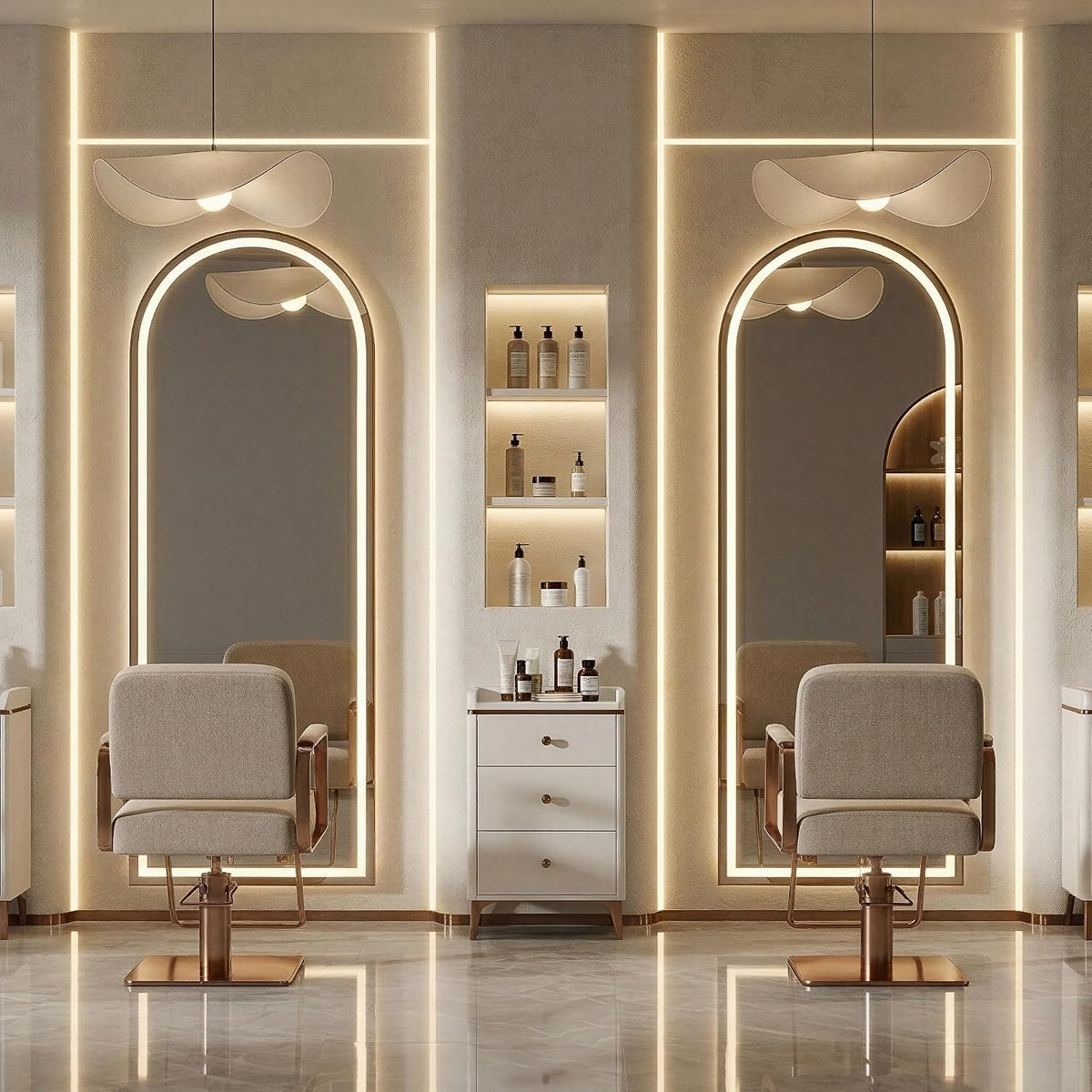 symmetrical salon scene with two illuminated arched mirrors and a styling chair in front