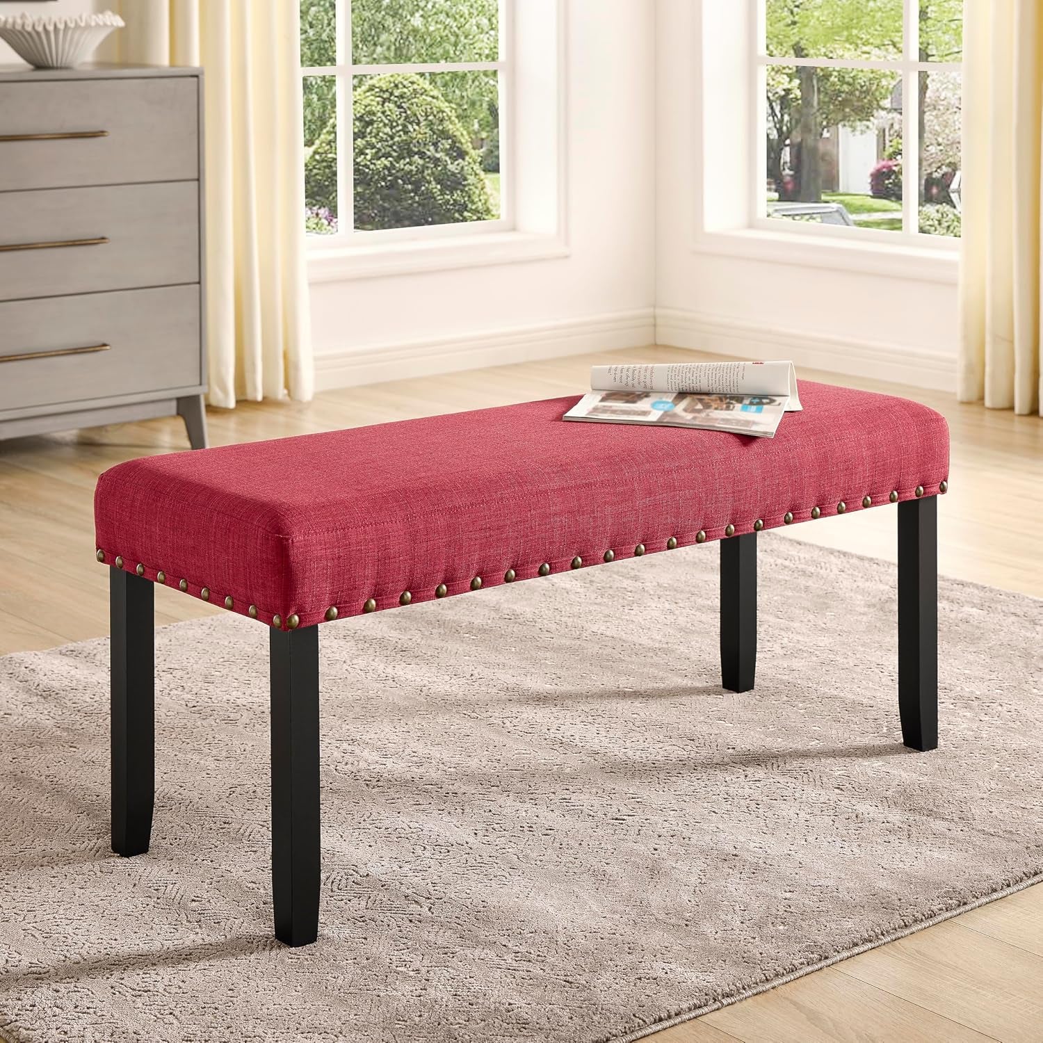 Roundhill Furniture Biony Fabric Dining Bench with Nailhead Trim, Tan, gallery view 10