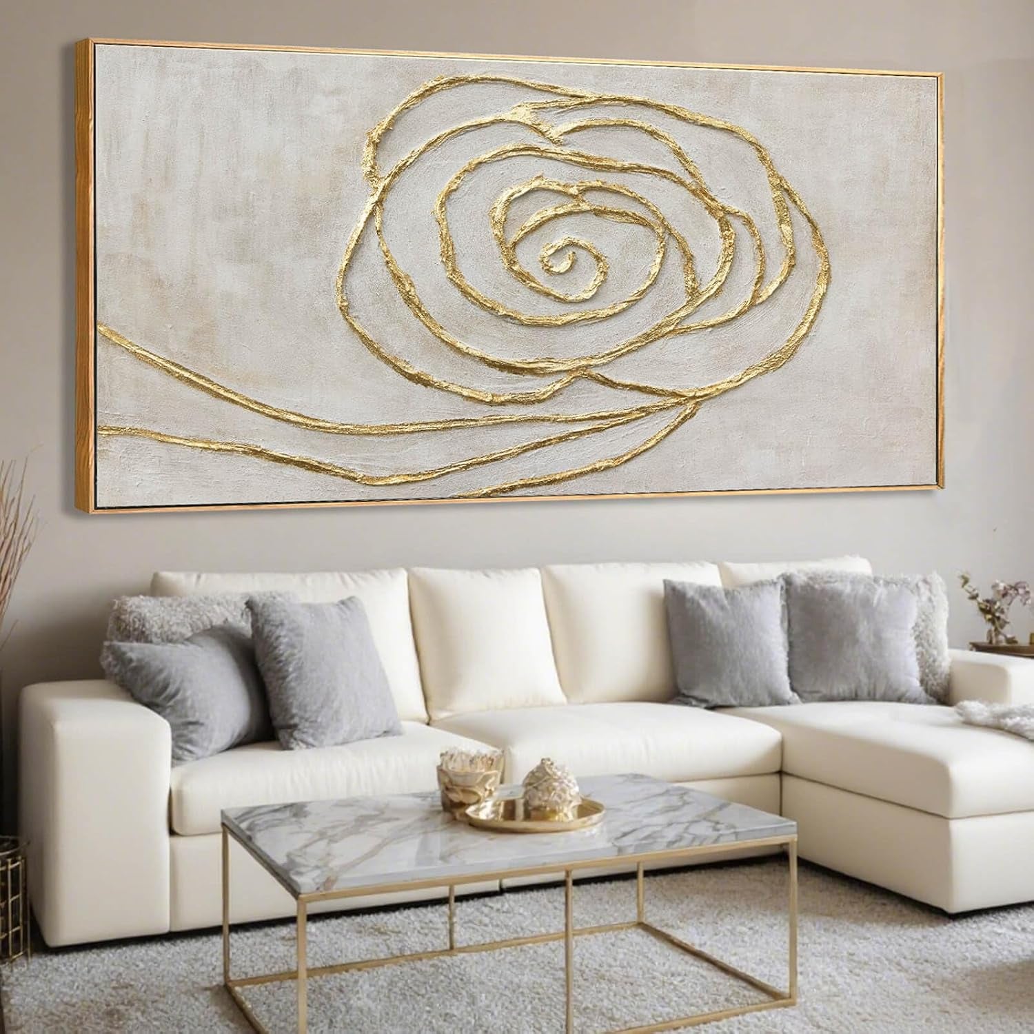 Close angled view of a textured canvas with raised gold spiral lines in a neutral-toned living room