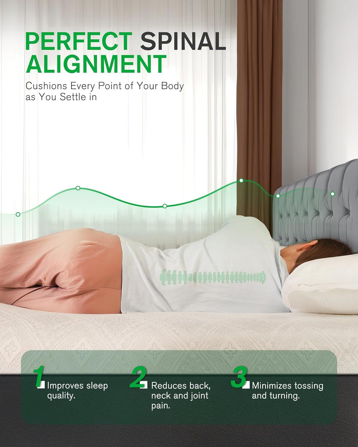 Side sleeper on a mattress with a contour line, spine graphic and three numbered support claims.