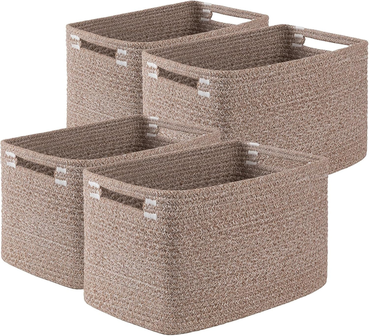 Tight crop of brown rope baskets focusing on woven texture and reinforced slit handles.