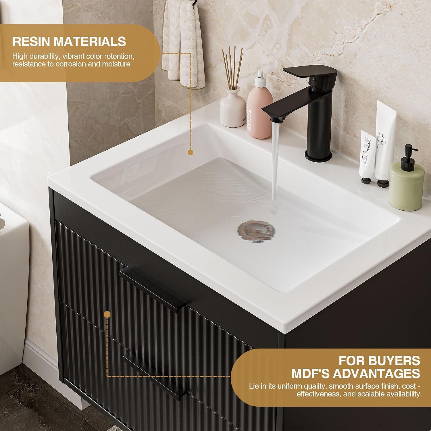Close-up of white resin basin with water running from a black faucet on the vanity top