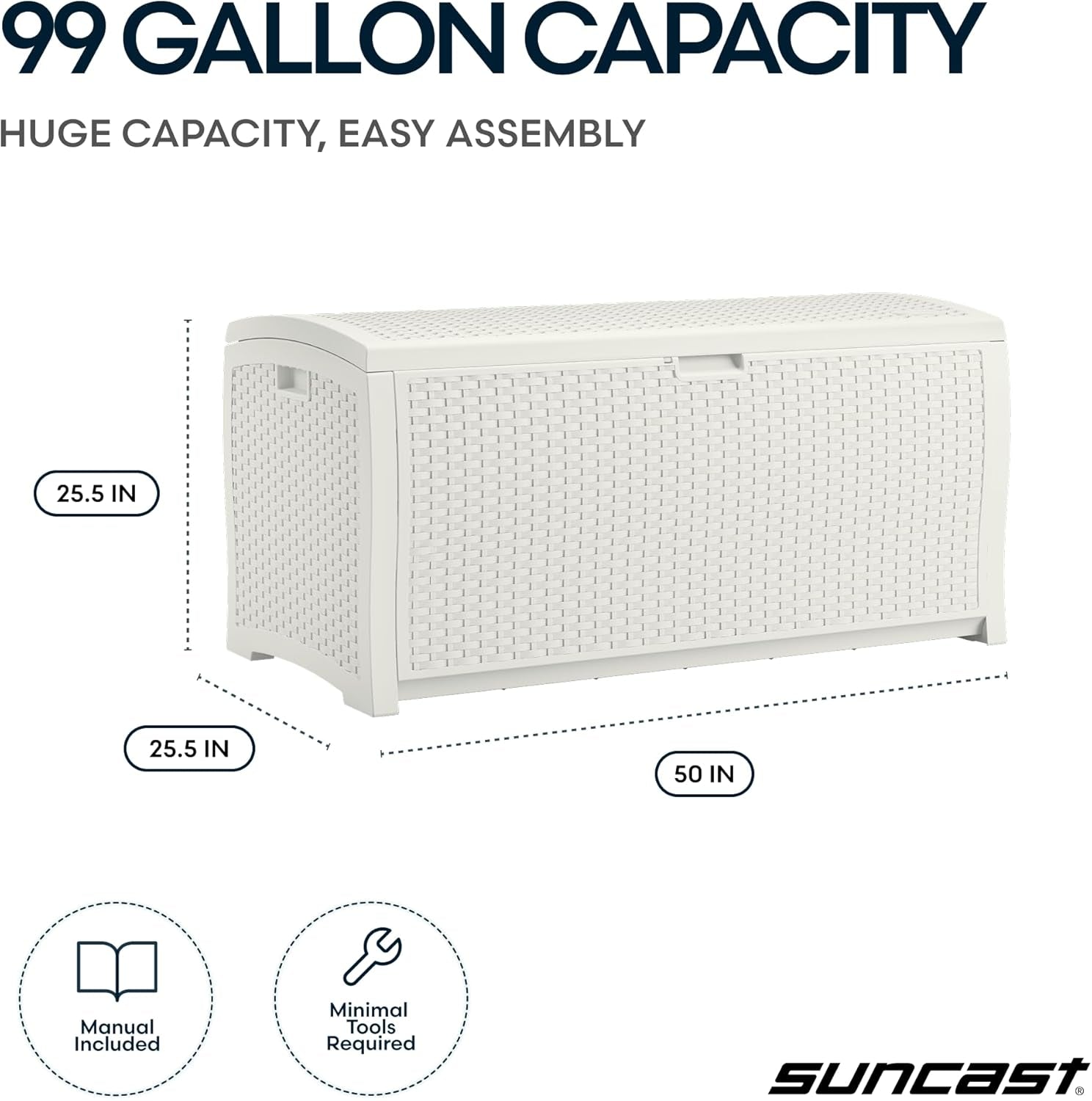 White deck box with dimension callouts showing 25.5 in depth and 50 in width