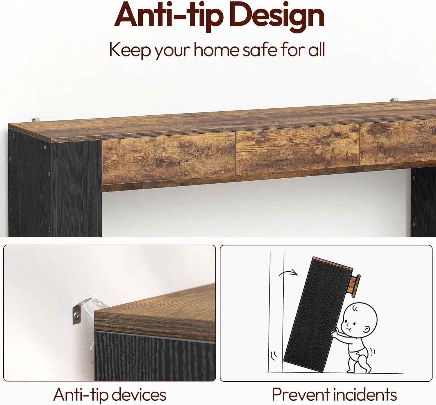 Console top with two wall-anchoring anti-tip brackets and a small cartoon showing a child and tipping prevention.