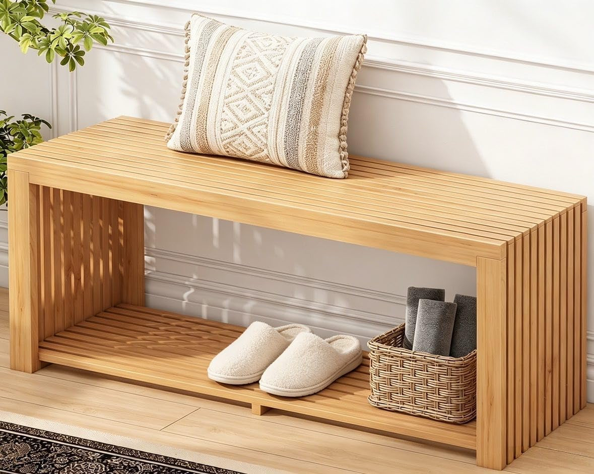 Natural bamboo slatted bench with lower shelf showing slippers and a woven basket under the seat